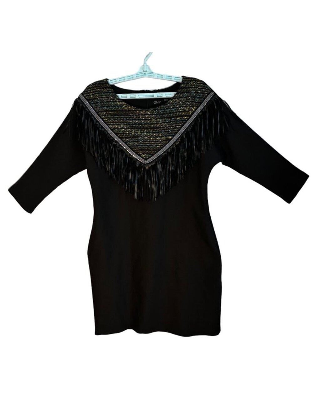 GAJA Short Black Pencil Dress W/ Fringe & Colorful Yoke 3/4 Sleeves S 10 Western - Picture 2 of 11